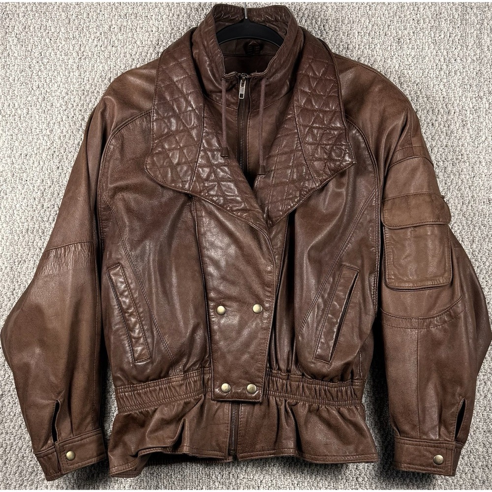 Vintage 80s 90s Leather Peplum Moto Jacket Brown Quilted Biker Women L